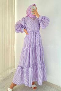 Modalamelif Balon Kol Çizgi Desenli Fırfırlı Elbise Lila