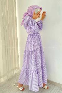 Modalamelif Balon Kol Çizgi Desenli Fırfırlı Elbise Lila
