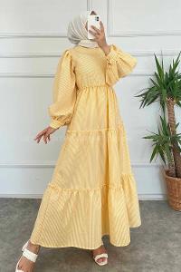 Modalamelif Balon Kol Çizgi Desenli Fırfırlı Elbise Sarı