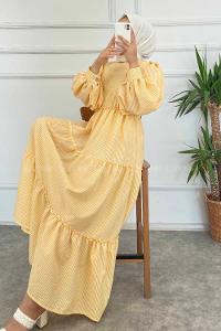 Modalamelif Balon Kol Çizgi Desenli Fırfırlı Elbise Sarı
