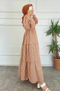 Modalamelif Balon Kol Çizgi Desenli Fırfırlı Elbise Taba