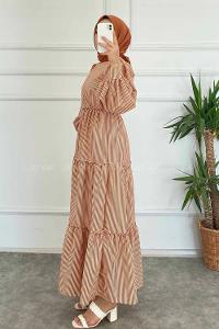 Modalamelif Balon Kol Çizgi Desenli Fırfırlı Elbise Taba