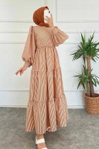 Modalamelif Balon Kol Çizgi Desenli Fırfırlı Elbise Taba