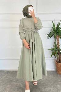 Modalamelif Beli Kuşak Bağlamalı Mevlana Elbise Çağla Yeşil