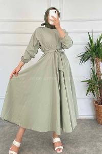 Modalamelif Beli Kuşak Bağlamalı Mevlana Elbise Çağla Yeşil