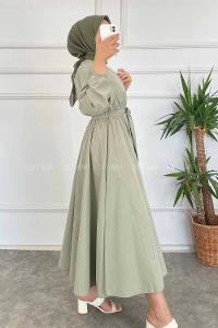 Modalamelif Beli Kuşak Bağlamalı Mevlana Elbise Çağla Yeşil