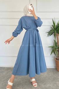 Modalamelif Beli Kuşak Bağlamalı Mevlana Elbise İndigo