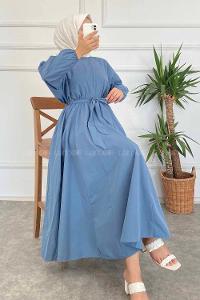 Modalamelif Beli Kuşak Bağlamalı Mevlana Elbise İndigo