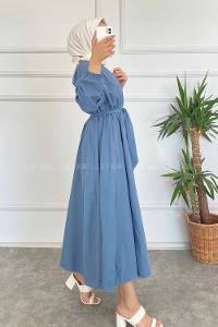 Modalamelif Beli Kuşak Bağlamalı Mevlana Elbise İndigo