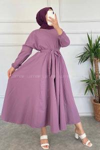 Modalamelif Beli Kuşak Bağlamalı Mevlana Elbise Lila