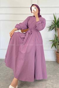 Modalamelif Beli Kuşak Bağlamalı Mevlana Elbise Lila