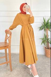 Modalamelif Beli Kuşak Bağlamalı Mevlana Elbise Taba