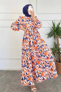 Modalamelif Beli Kuşak Detaylı Çiçek Desen Elbise Lacivert-Oranj
