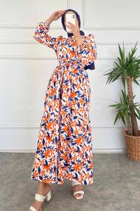 Modalamelif Beli Kuşak Detaylı Çiçek Desen Elbise Lacivert-Oranj