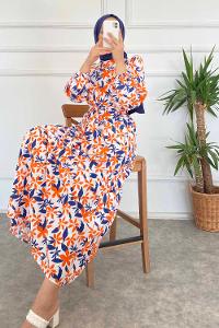 Modalamelif Beli Kuşak Detaylı Çiçek Desen Elbise Lacivert-Oranj