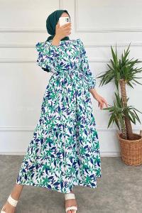 Modalamelif Beli Kuşak Detaylı Çiçek Desen Elbise Lacivert-Yeşil
