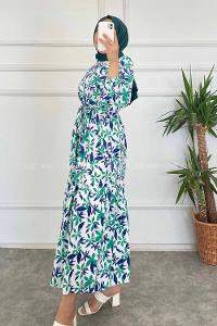 Modalamelif Beli Kuşak Detaylı Çiçek Desen Elbise Lacivert-Yeşil