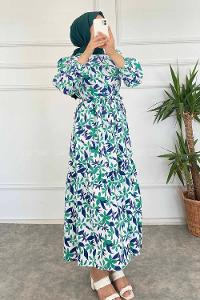 Modalamelif Beli Kuşak Detaylı Çiçek Desen Elbise Lacivert-Yeşil