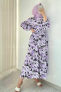 Modalamelif Beli Kuşak Detaylı Çiçek Desen Elbise Lila-Siyah
