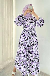 Modalamelif Beli Kuşak Detaylı Çiçek Desen Elbise Lila-Siyah
