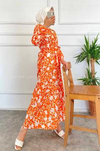 Modalamelif Bisiklet Yaka Beli Kuşaklı Elbise Oranj