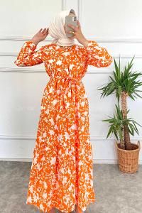 Modalamelif Bisiklet Yaka Beli Kuşaklı Elbise Oranj