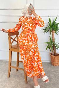 Modalamelif Bisiklet Yaka Beli Kuşaklı Elbise Oranj