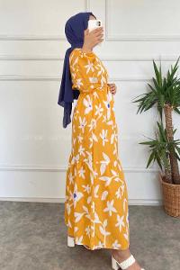 Modalamelif  Yaka Çiçek Desenli Beli Kuşaklı Elbise Hardal Sarısı
