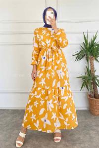 Modalamelif  Yaka Çiçek Desenli Beli Kuşaklı Elbise Hardal Sarısı