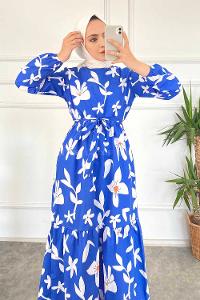 Modalamelif Bisiklet Yaka Çiçek Desenli Beli Kuşaklı Elbise İndigo