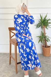 Modalamelif Bisiklet Yaka Çiçek Desenli Beli Kuşaklı Elbise İndigo