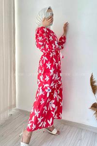 Modalamelif Bisiklet Yaka Çiçek Desenli Beli Kuşaklı Elbise Kırmızı