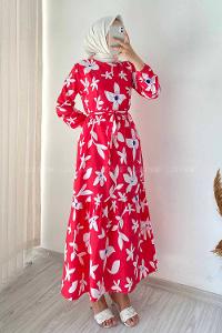 Modalamelif Bisiklet Yaka Çiçek Desenli Beli Kuşaklı Elbise Kırmızı