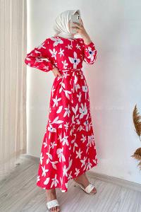 Modalamelif Bisiklet Yaka Çiçek Desenli Beli Kuşaklı Elbise Kırmızı