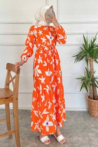 Modalamelif Bisiklet Yaka Çiçek Desenli Beli Kuşaklı Elbise Oranj