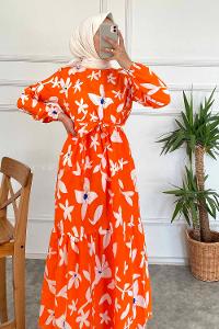 Modalamelif Bisiklet Yaka Çiçek Desenli Beli Kuşaklı Elbise Oranj