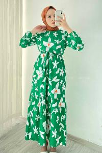 Modalamelif Bisiklet Yaka Çiçek Desenli Beli Kuşaklı Elbise Yeşil