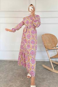 Modalamelif Bisiklet Yaka Kilim Desen Beli Kuşaklı Fırfırlı Elbise  Bej