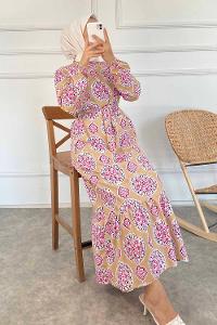 Modalamelif Bisiklet Yaka Kilim Desen Beli Kuşaklı Fırfırlı Elbise  Bej
