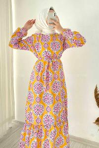 Modalamelif Bisiklet Yaka Kilim Desen Beli Kuşaklı Fırfırlı Elbise Hardal Sarısı