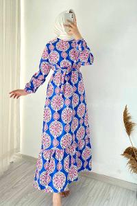 Modalamelif Bisiklet Yaka Kilim Desen Beli Kuşaklı Fırfırlı Elbise  İndigo