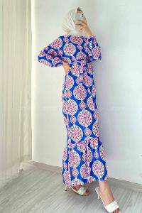 Modalamelif Bisiklet Yaka Kilim Desen Beli Kuşaklı Fırfırlı Elbise  İndigo