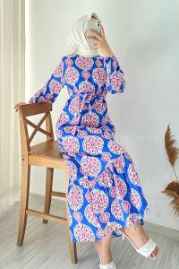 Modalamelif Bisiklet Yaka Kilim Desen Beli Kuşaklı Fırfırlı Elbise  İndigo