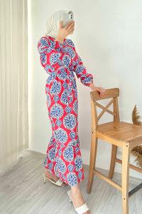 Modalamelif Bisiklet Yaka Kilim Desen Beli Kuşaklı Fırfırlı Elbise  Kırmızı