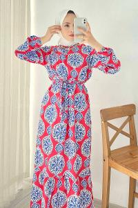 Modalamelif Bisiklet Yaka Kilim Desen Beli Kuşaklı Fırfırlı Elbise  Kırmızı