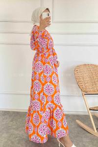 Modalamelif Bisiklet Yaka Kilim Desen Beli Kuşaklı Fırfırlı Elbise  Oranj