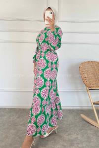 Modalamelif Bisiklet Yaka Kilim Desen Beli Kuşaklı Fırfırlı Elbise  Yeşil