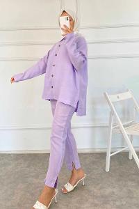 Modalamelif Boydan Düğmeli Önü Kısa Arkası Uzun İkili Takım Lila