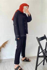 Modalamelif Boydan Düğmeli Önü Kısa Arkası Uzun İkili Takım Siyah