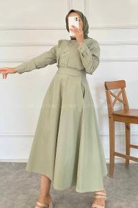 Modalamelif Çift Cep Detaylı Boydan Düğmeli Etekli Takım Çağla Yeşil